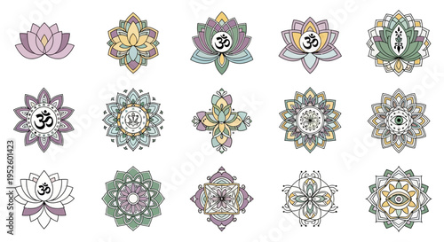 Diverse Vector Lotus Flower and Mandala Symbol Set for Spiritual, Meditative, and Decorative Graphic Design Projects