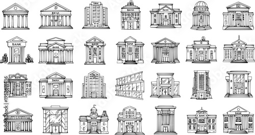 Hand-Drawn Bank Buildings Collection: Detailed Sketch Illustrations of Financial Institutions, Classic to Modern Architecture, Banking Icons Set