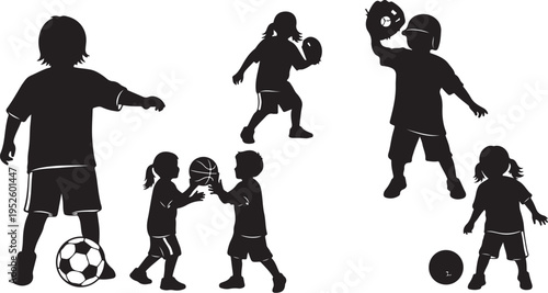 Children Playing Soccer and Basketball in Silhouette Form Together