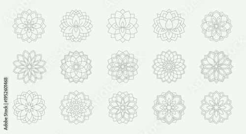 Elegant collection of intricate vector lotus and mandala icons, a versatile set for spiritual design, branding, and decorative elements
