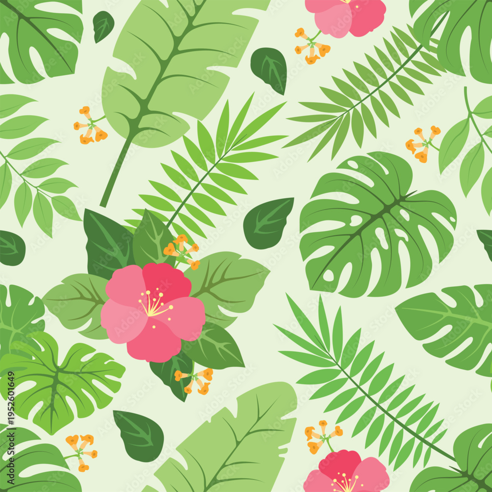 Naklejka premium Seamless Tropical Pattern with Monstera Leaves and Hibiscus Flowers