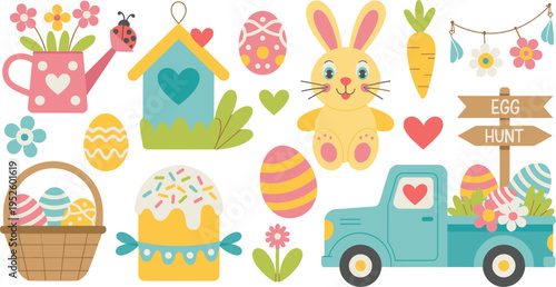 Cute Easter vector clip art set, colorful spring bunny eggs and garden elements for holiday design