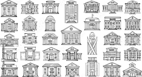 Collection of Hand-Drawn Bank Building Sketches in Various Architectural Styles, Depicting Financial Institutions and Classic Facades