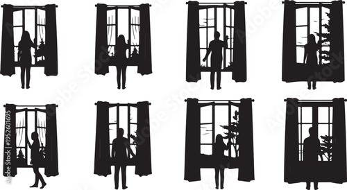 Silhouettes of people looking out windows in various poses