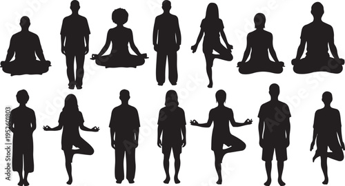 Silhouettes of people practicing yoga in various poses together
