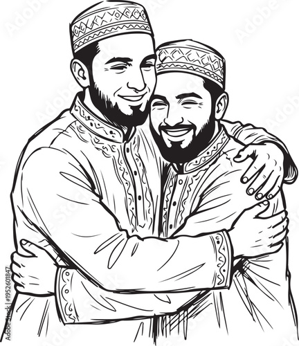 Two Muslim men embracing warmly wearing traditional Islamic clothing and skullcaps on Eid Day, RAMADAN MUBARAK