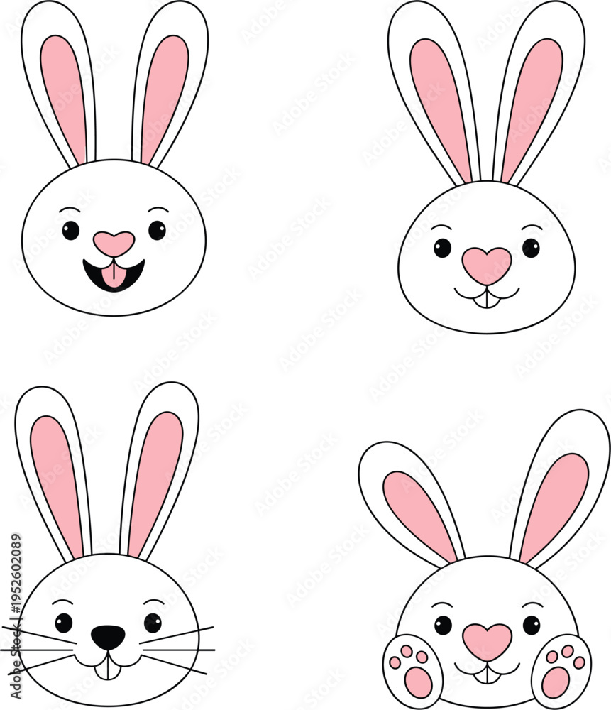 Fototapeta premium Cute white rabbit head vector set, kawaii bunny emoji collection for Easter stickers and nursery design