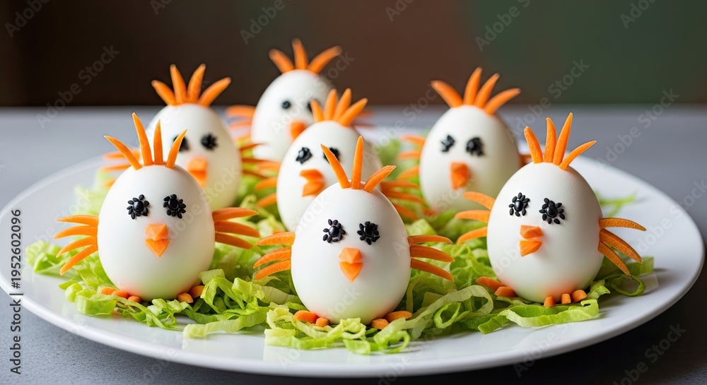 Obraz premium Adorable easter egg chicks on a bed of lettuce with carrot garnish