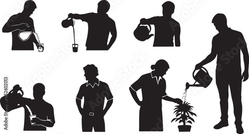 Silhouettes of people watering plants in various gardening poses