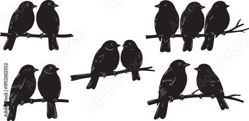 Silhouettes of birds sitting on branches in pairs together