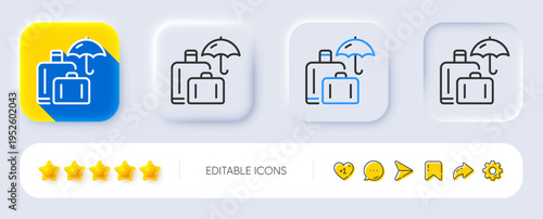 Luggage insurance line icon. Neumorphic, Flat shadow, 3d buttons. Suitcase bag sign. Baggage protect symbol. Line luggage insurance icon. Social media icons. Vector
