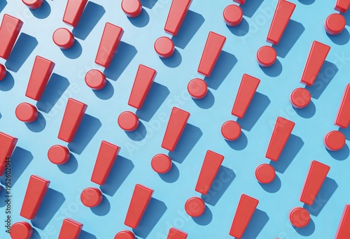 set of red 3d exclamation marks and circles, commercial playful 3d render on light blue background with shadows and various orientations