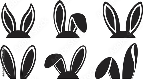 Black bunny ears silhouette vector set, Easter rabbit ear icons, minimalist spring holiday head element design