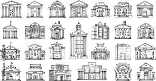 Hand-Drawn Bank Buildings Collection: Vector Illustration