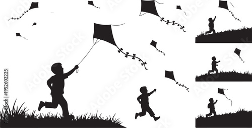 Children Running and Flying Kites in the Windy Sky
