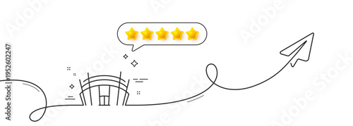 Arena stadium line icon. Continuous line with share plane. Sport complex sign. Championship building symbol. Five star rate review in speech bubble. Arena stadium single line ribbon. Vector