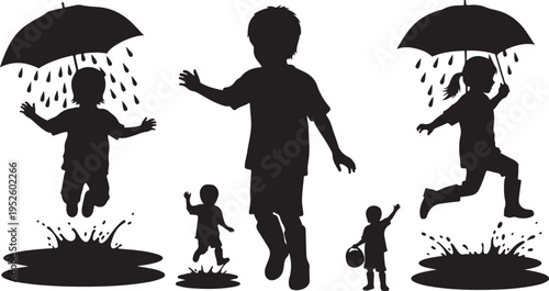 Children playing and jumping in the rain with umbrellas
