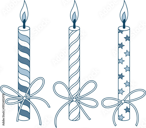 Set of blue decorative birthday candles vector, striped and star patterns with bows, festive celebration