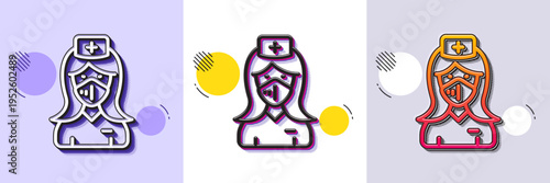 Nurse with medical mask line icon. Halftone dotted pattern. Gradient icon with grain shadow. Doctor assistant sign. Face protection symbol. Line nurse icon. Various designs. Vector