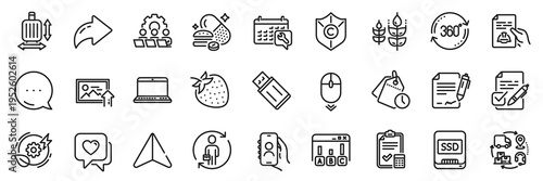 Notebook, User call and Scroll down line icons pack. Share, Message, Paper plane icons. Supply chain, Baggage size, Teamwork web icon. Vector