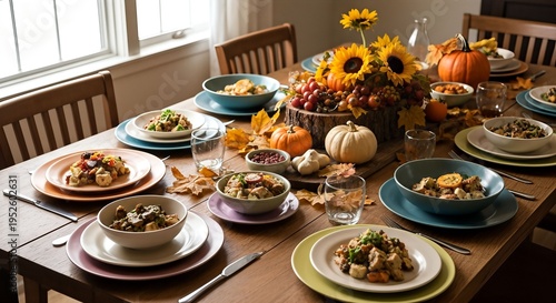 Festive Thanksgiving Table Setting with Delicious Fall Harvest Dishes.