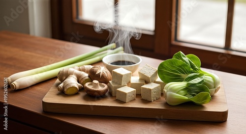 Fresh Asian Ingredients for Cooking on a Wooden Board.