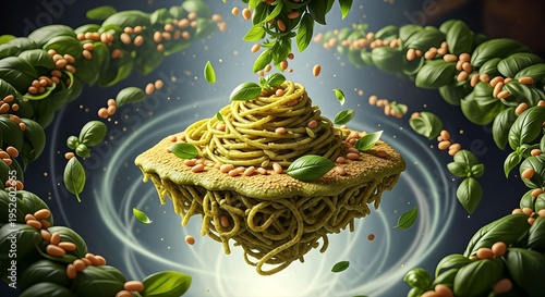 Floating Island of Pesto Pasta with Fresh Basil and Pine Nuts.