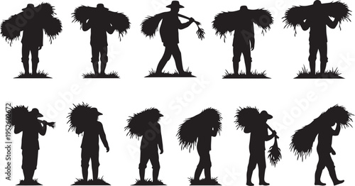 Silhouettes of people carrying bundles of hay or straw