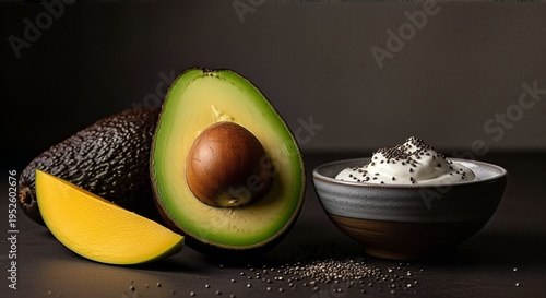 Fresh Avocado and Mango with Yogurt Bowl on Dark Background.