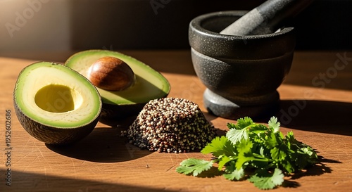 Fresh Avocado, Cilantro, and Spices with Mortar and Pestle on Wooden Table.
