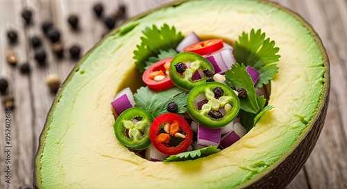 Fresh Avocado Half Filled with Spicy Salsa on Rustic Wood.