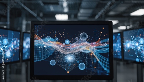 Focused view of a monitor displaying institutional mandate portfolio optimization using nextgen quantum algorithms other screens softly out of focus.