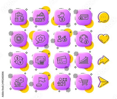Currency exchange, Auction and Money wallet line icons. App 3d buttons. Social media comment, share, like icons. Pack of Fan engine, Job, Payment method icon. Vector