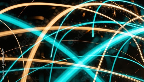 vibrant blue and orange light streaks, abstract photo of long exposure light trails on dark background with curved lines and scattered particles