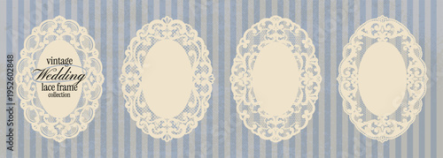 Lace doily frame set with floral mesh shapes. Oval whimsical paper lace in crochet style with decorative borders. Vector whimsy botanical silhouettes,squiggle shapes for scrapbooking, wedding collage.