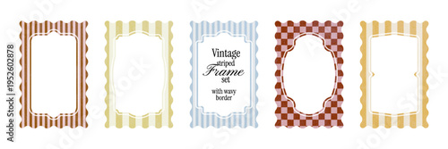 Retro Mediterranean striped frame collection with wavy borders. Decorative labels with classic shapes and textured backgrounds. Frames for summer scrapbooking, menu graphics and packaging templates.