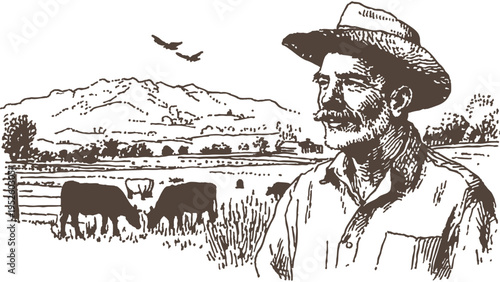 Male farmer standing near cows countryside scene. Background for livestock farming branding and rural marketing. Hand pencil outline drawing style showing ranch worker in pastoral landscape.