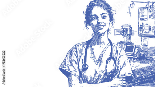 Medical nurse with crossed arms hospital equipment background. Pencil sketch drawing style. Vector line illustration for healthcare service ads, clinic branding and medical presentations.