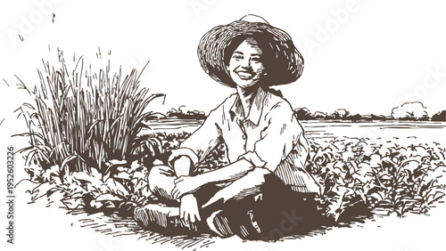 Young woman farmer relaxing rice plantation scenery. Female agricultural worker sitting near crops in countryside. Pencil drawing hand drawn sketch style illustration. Background for rural branding.