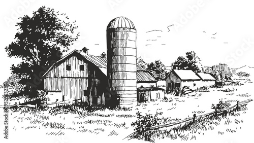 Farm barn silo rural countryside agricultural scene. Traditional farm buildings with storage tower and wooden structures. Banner for farming branding. Pencil illustration sketch style.