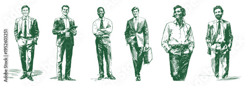 Corporate professionals business men confident office poses. Businessmen holding tablet and standing in formal outfits. Hand drawn pencil drawing sketch style illustration for corporate identity.