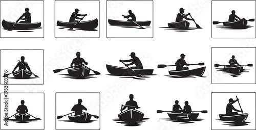 Silhouettes of people kayaking and canoeing in various poses