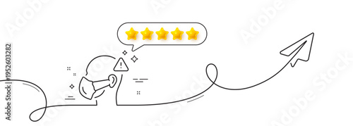 Medical mask line icon. Continuous line with share plane. Safety breathing respiratory mask sign. Coronavirus face protection symbol. Five star rate review in speech bubble. Vector