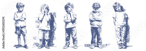 Emotional children sad surprised feelings vintage drawing illustration. Kids express disappointment, shock and shyness in different poses. Background for parenting content in hand sketch style.