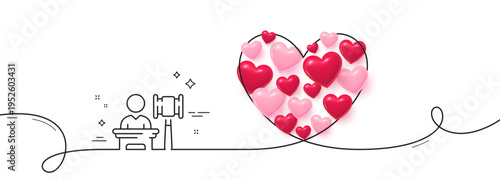 Auction line icon. Continuous line big heart. Bid offer sign. Act hammer deal symbol. 3d hearts in heart shaped loop. Auction single line ribbon. Loop curve pattern. Vector