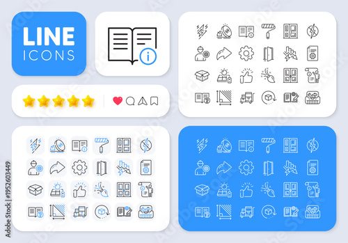 Gas price, Brush and Lightning bolt line icons for web app. Message, Share, Like social media icons. Pack of Open door, Engineering documentation, Technical documentation pictogram icons. Vector