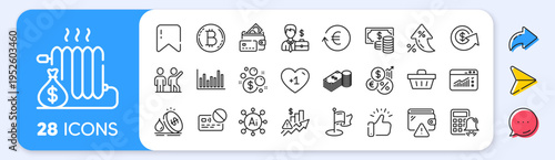 Card, Coins banknote and Calculator alarm line icons. Interest rate, AI generate, Inflation icons. Pack of Dollar exchange, Bitcoin, Exchange currency icon. Vector