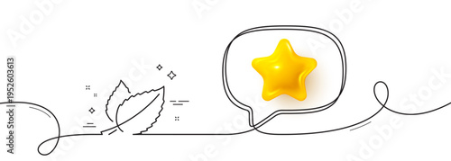 Mint leaves line icon. Continuous line with 3d star. Herbal leaf sign. Tea with Mentha symbol. 3d star in speech bubble. Mint leaves single line ribbon. Loop curve pattern. Vector