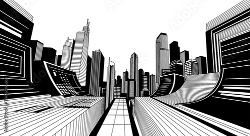 futuristic cityscape illustration in graphic black and white showcasing towering modern urban architecture and dynamic perspective.