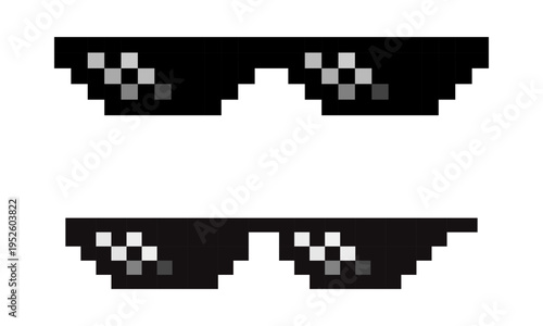 Pixel sunglasses, retro 8bit glasses, meme style eyewear, black pixelated shades isolated vector illustration